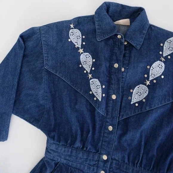 Vintage Tobi Dark Wash Button Up Western Cowgirl Denim Stud Midi Dress M - Picture 10 of 12